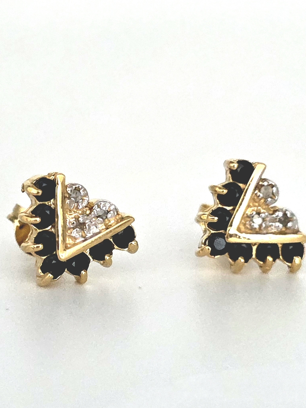 Black Sapphire Diamond Triangle Stud Earrings Gold Over Silver